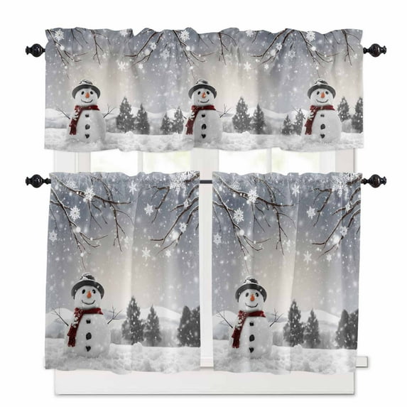 Christmas Kitchen Curtains and Valances Set, Xmas Cute Snowman Branches Winter Snow Scene Rod Pocket Window Valance 18 Inch Window Curtain Panels for Living Room Bedroom Laundry, 27.5x24in, 3 Pieces