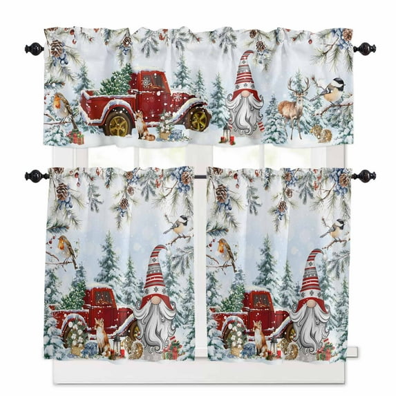 Christmas Kitchen Curtains and Valances Set, Xmas Gnome Truck Pine Tree Leaf Animals Blue Snow Rod Pocket Window Valance Window Curtain Panels for Living Room Bedroom Laundry, 27.5x36in, 3 Pieces