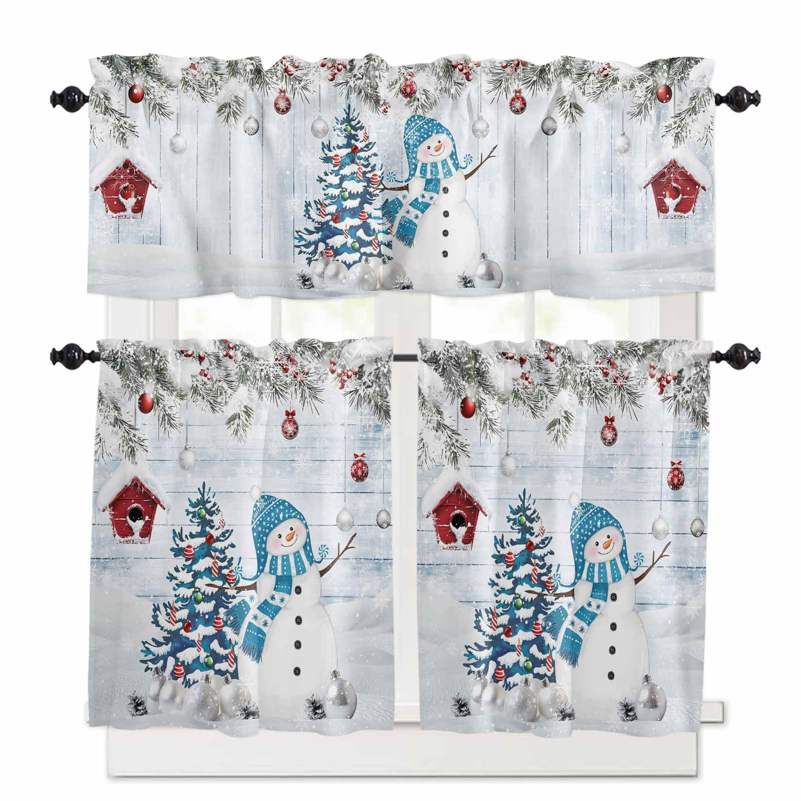 Christmas Kitchen Curtains Valances and Tiers Set of 3 Blue Hat Snowman