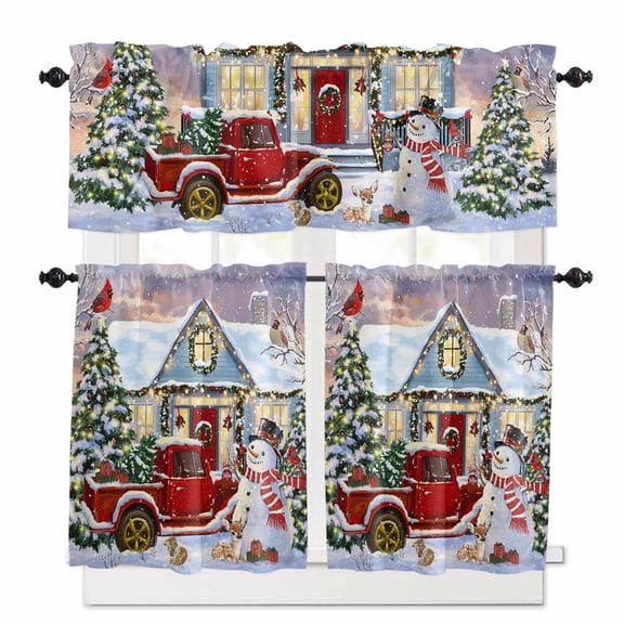 Christmas Kitchen Curtains Valances and Tiers Set of 3 Snowman Truck Bird Pine Tree House Winter Snow Scene Tier Curtains and Valance Rod Pocket Valance Curtains Set for Windows 27.5"W x 36"L