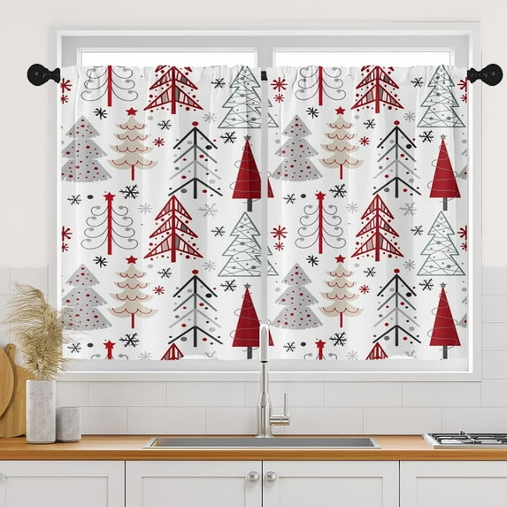 Christmas Kitchen Curtains Window Curtains Over Sink Set of 2, Abstract Tree Short Tier Curtain for Kitchen, Winter Xmas Kitchen Decor 26" x 36"