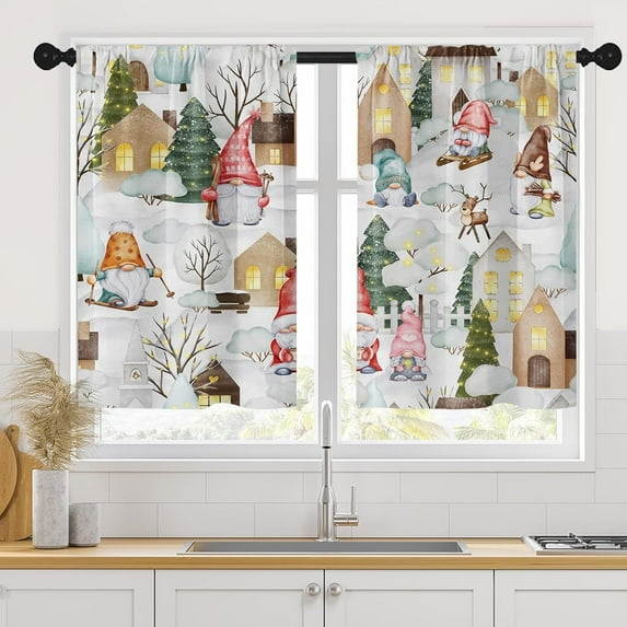 Christmas Kitchen Curtains Window Curtains Over Sink Set of 2, Cute Gnomes Snow Tree Short Tier Curtain for Kitchen, Winter Vintage City Home Kitchen Decor 27.5" x 36"