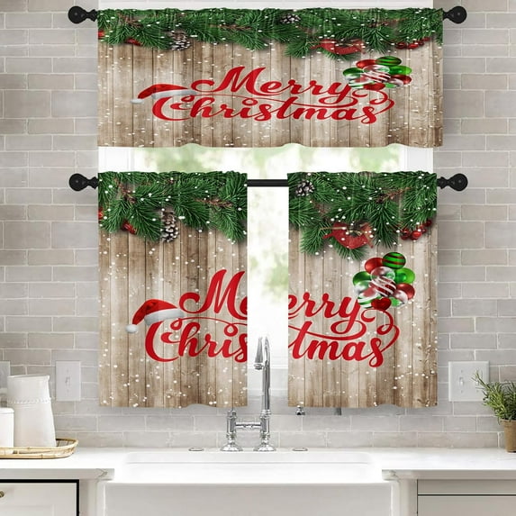 Christmas Kitchen Curtains Window Curtains and Valances Set 36 Inch, Vintage Berry Spruce Branch Short Tier Curtains for Kitchen, Winter Small Kitchen Decor