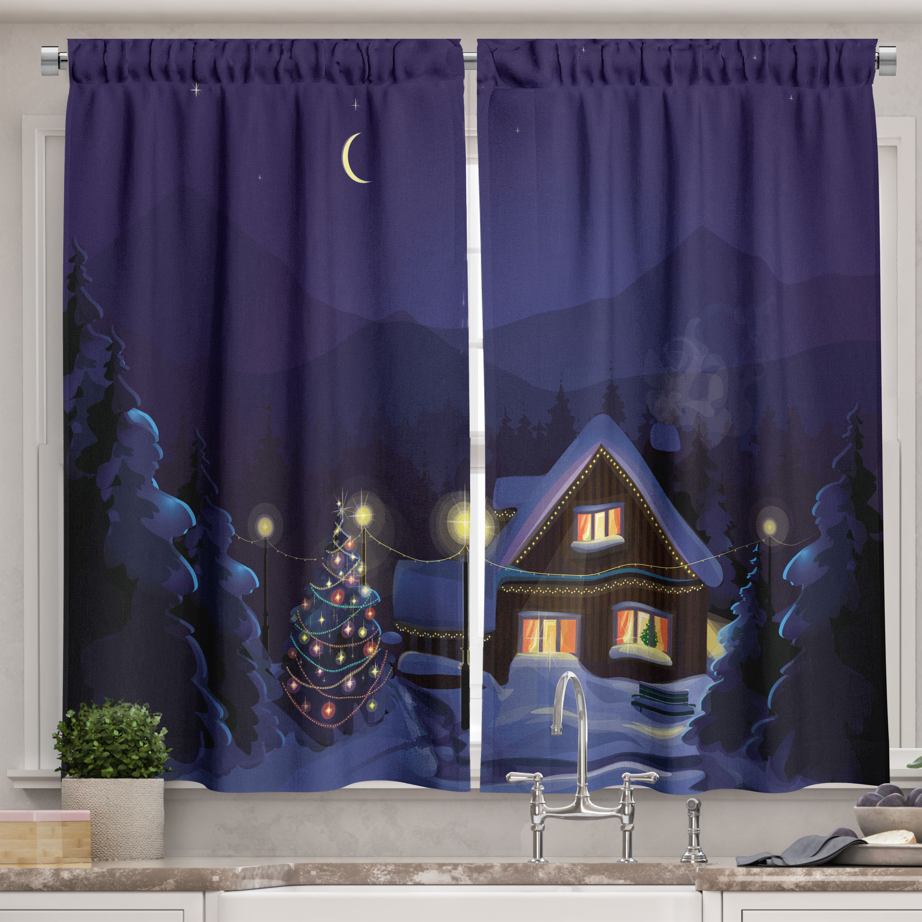 Christmas Kitchen Curtains, Winter Scenery with Designed House and Tree