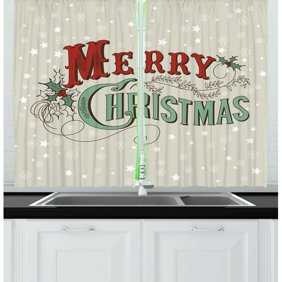 Christmas Kitchen Curtains, Xmas Stars and Snowflakes Backdrop with Retro Lettering, Window Drapes 2 Panel Set for Kitchen Cafe Decor, 55" x 36", Eggshell Sea Green Ruby