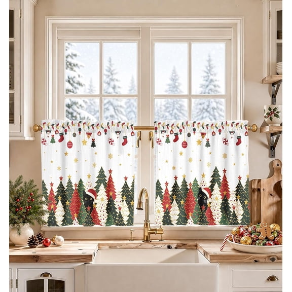 Christmas Kitchen Curtains Xmas Tree Black Cat with Santa Hat Pattern Short Window Curtains for Festive Christmas Holiday Home Decor for Kitchen Bedroom Dining Room Cafe