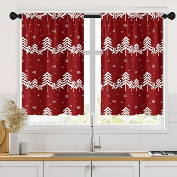 Christmas Kitchen Curtains Xmas Tree Window Curtains Over Sink Set of 2, Red Short Tier Curtain for Kitchen, Winter Snowflakes Kitchen Decor 27.5" x 36"