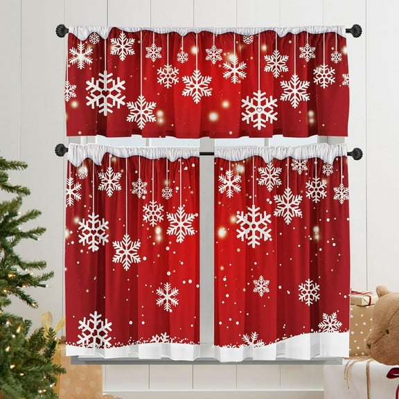 Christmas Kitchen Curtains and Valances Set of 3 - Red Snowflake Decor, Winter Xmas Short Curtain Set for Bedroom Holiday Decor 52x18Inch，26x36 Inch
