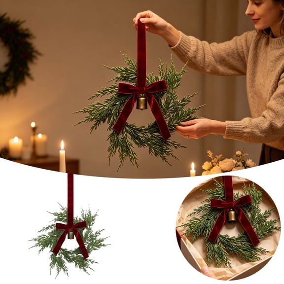 Christmas Kitchen Decor Mini Christmas Wreath 18x12 Inches Cedar Leaf Bow Hanging Ring Ornament with Jingle Bell for Door Window Cabinet Home Holiday 1 PC