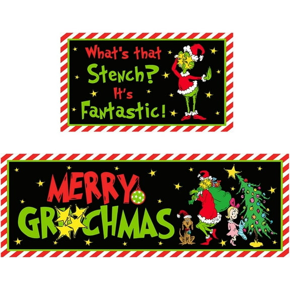 Christmas Kitchen Decorations, Funny Christmas Kitchen Mats, Set of 2 Holiday Kitchen Rugs for Floor, Stink Stank Stunk Area Rugs, Novelty Xmas Doormat Bathroom Door Decor, 17x30 and 17x47 Inch