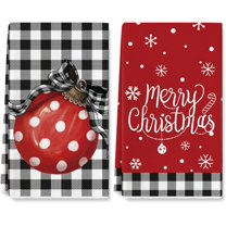 Christmas Kitchen Dish Towel 18 x 26 Inch Plaid Xmas Ball Snowflake Dishcloth Merry Christmas Decorative Hand Drying Tea Towel for Xmas Winter Kitchen Cooking Baking Bathroom, 2Pcs