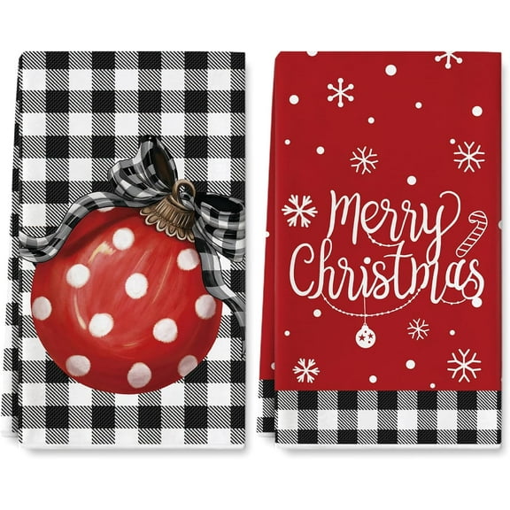 Christmas Kitchen Dish Towel 18 x 26 Inch Plaid Xmas Ball Snowflake Dishcloth Merry Christmas Decorative Hand Drying Tea Towel for Xmas Winter Kitchen Cooking Baking Bathroom, 2Pcs