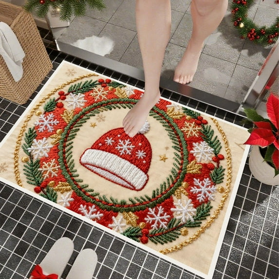 Christmas Kitchen Mat, Absorbent Non-Slip Floor Rug for Sink Front Holiday Decor Washable(T)