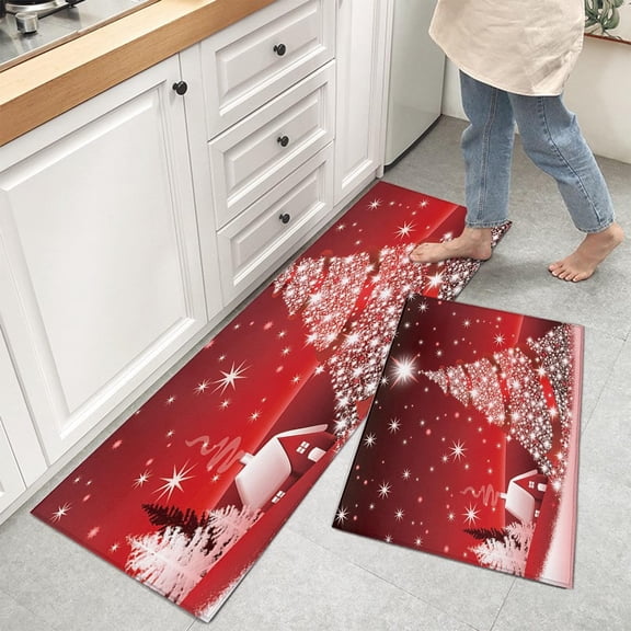 Christmas Kitchen Mat for Home Decor, Red Shining Christmas Tree Kitchen Rugs Kitchen Organization, Anti-Fatigue Standing Floor Mats for Room Decor, Non-Slip Holiday Runner Rug Kitchen Decor Area Rug