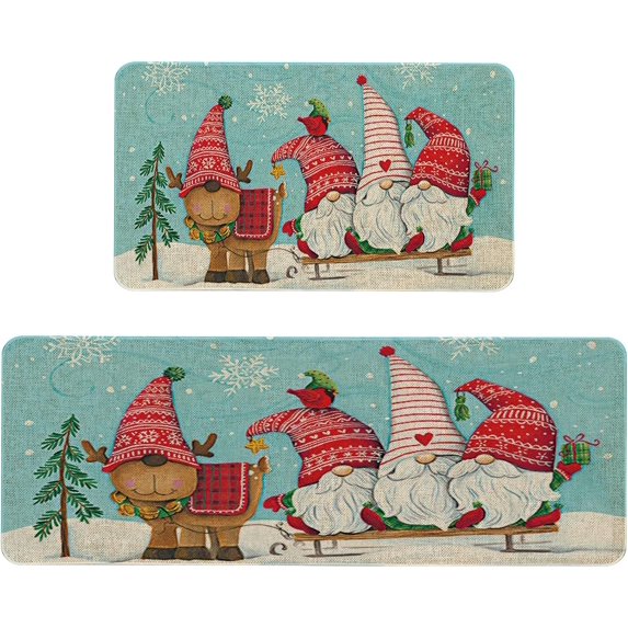 Christmas Kitchen Mat, Merry Christmas Gnome Kitchen Rugs Set of 2, Holiday Low-Profile Washable Non-Slip Floor Mats for Winter Christmas Kitchen Decor - 17x29 and 17x47 Inch
