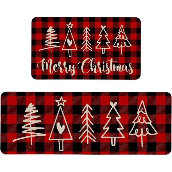 Christmas Kitchen Mat, Merry Christmas Kitchen Rugs Set of 2, Christmas Trees Holiday Low-Profile Washable Non-Slip Floor Mats for Winter Christmas Kitchen Decor - 17x29 and 17x47 Inch