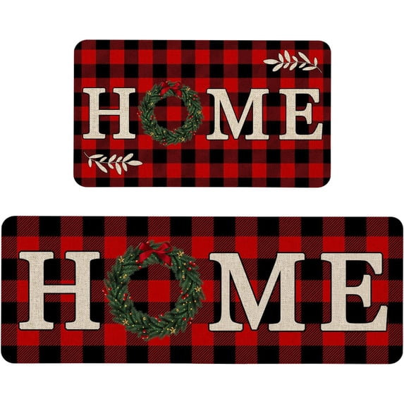 Christmas Kitchen Mat, Merry Christmas Kitchen Rugs Set of 2, Holiday Low-Profile Washable Non-Slip Floor Mats for Winter Christmas Kitchen Decor - 17x29 and 17x47 Inch