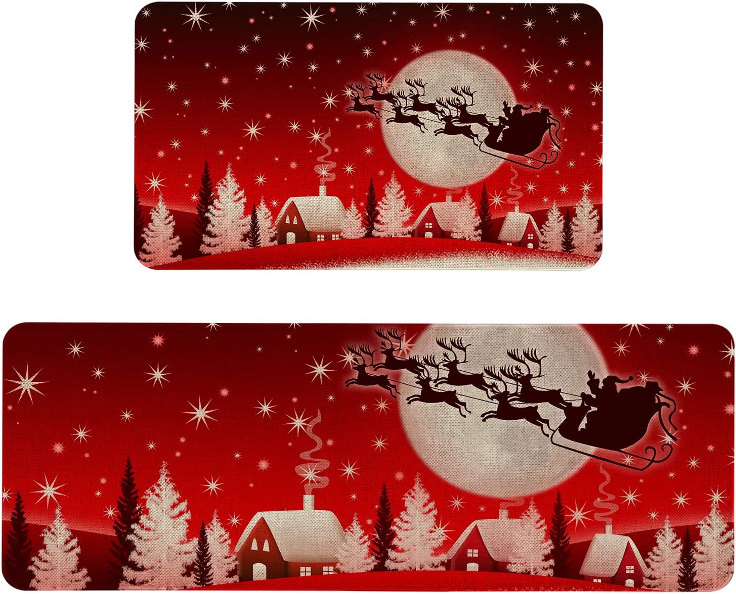 Christmas Kitchen Mat , Merry Christmas Kitchen Rugs Set of 2, Red Shining Christmas Satnta