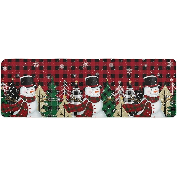 Christmas Kitchen Mat Rug 1 PCS Snowman Buffalo Xmas Tree Snowflakes Black Red Plaid Runner Rug Anti-Fatigue Comfort Memory Foam Standing Mat Non-Slip Floor Door Mat for Bathroom Bedroom 20x47in