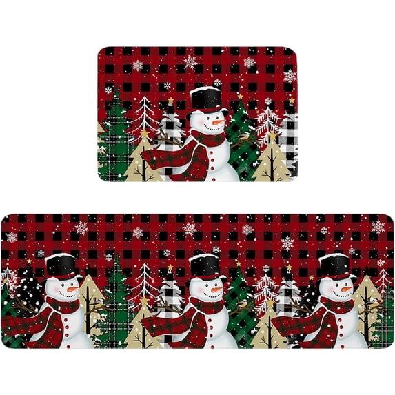Christmas Kitchen Mat Rug Set of 2 Snowman Buffalo Xmas Tree Snowflakes Black Red Plaid Runner Rug Anti-Fatigue Comfort Memory Foam Standing Mat Non-Slip Floor Door Mat for Bedroom 18x30in+18x48in