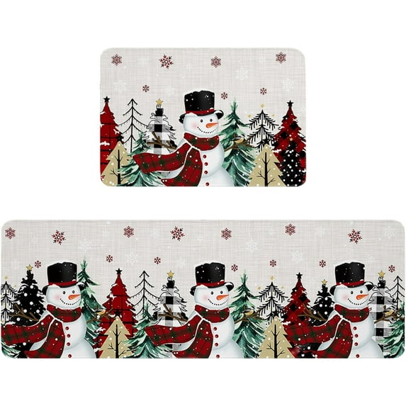 Christmas Kitchen Mat Rug Set of 2 Snowman Red Buffalo Xmas Tree Snowflakes Beige Runner Rug Anti-Fatigue Comfort Memory Foam Standing Mat Non-Slip Floor Door Mat for Bathroom Bedroom 18x30in+18x60in