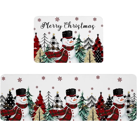 Christmas Kitchen Mat Rug Set of 2 Snowman Red Buffalo Xmas Tree Snowflakes White Runner Rug Anti-Fatigue Comfort Memory Foam Standing Mat Non-Slip Floor Door Mat for Bathroom Bedroom 18x30in+18x60in