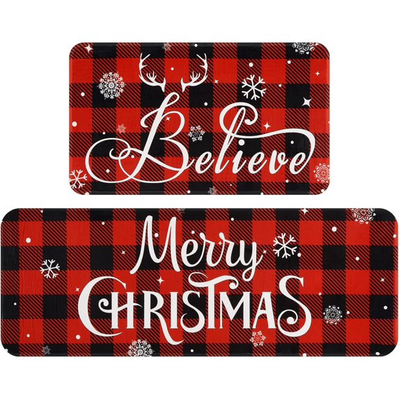 Christmas Kitchen Mat Set of 2, Buffalo Plaid Kitchen Rugs Non Slip Washable, Absorbent Merry Christmas Rugs for Kitchen, Laundry Room, Bathroom, Christmas Decorations, 17" x 47" + 17" x 30"