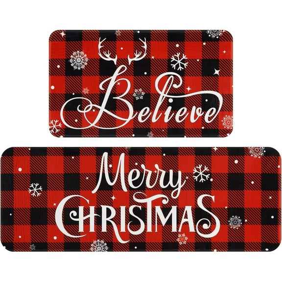 Christmas Kitchen Mat Set of 2, Buffalo Plaid Kitchen Rugs Non Slip Washable, Absorbent Merry Christmas Rugs for Kitchen, Laundry Room, Bathroom, Christmas Decorations, 17" x 47" + 17" x 30"
