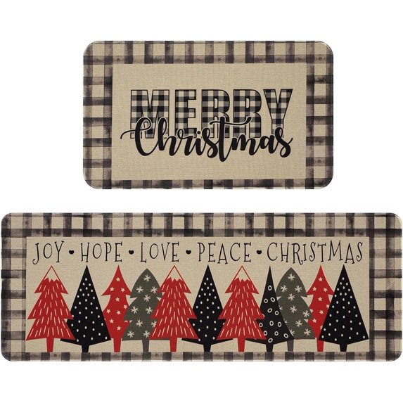 Christmas Kitchen Mat Set of 2, Merry Christmas Rugs for Kitchen Floor Low Profile, Buffalo Plaid Christmas Tree Kitchen Rugs Non Slip Washable, Christmas Decorations, 17" x 47" + 17" x 30"
