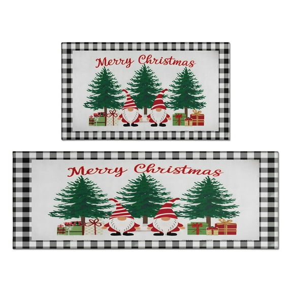 Christmas Kitchen Mat Set of 2 Non Skid Kitchen Mats for Floor,Merry Christmas Tree Gnomes Short Rugs for Kitchen Floor for Bathroom,Room Bath (47x17+30x17in)