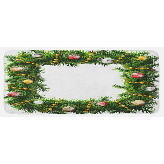 Christmas Kitchen Mat, Square Wreath with Beads and Balls in Winter Season Holiday Celebration Print, Plush Decorative Kitchen Mat with Non Slip Backing, 47" X 19", Multicolor, by Ambesonne