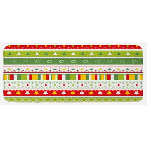 Christmas Kitchen Mat, Traditional Winter Seasonal Borders Stars Bells Trees Stripes Print, Plush Decorative Kitchen Mat with Non Slip Backing, 47" X 19", Lime Green