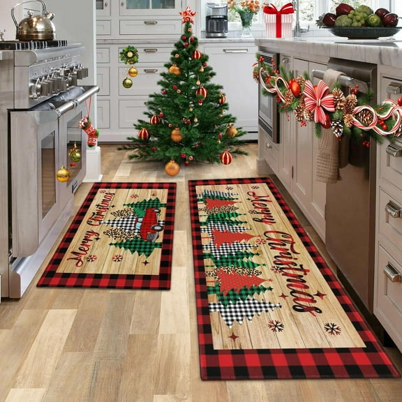 Christmas Kitchen Mats Set of 2, 17x30 + 17x47 Inch Xmas Kitchen Rugs, Buffalo Plaid Truck & Tree Design, Non-Slip Decorative Floor Mats for Kitchen, Dining Area, Christmas Home Decoration