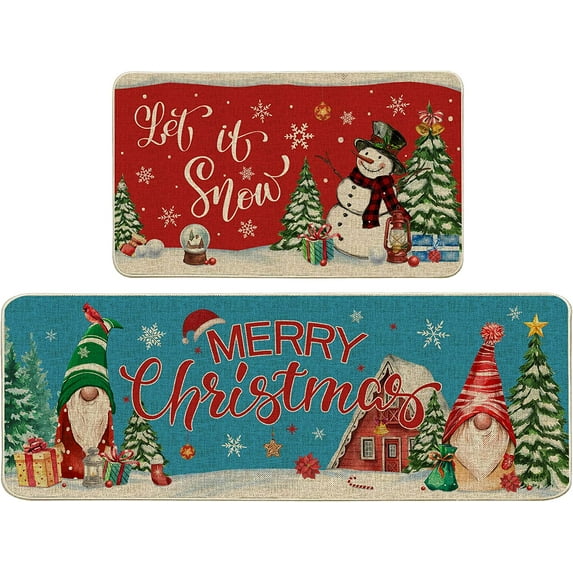 Christmas Kitchen Mats Set of 2 , Christmas Kitchen Rugs and Mats Farmhouse Snowman and Gnome Mats for Floor,Bathroom, Decorative Kithcen Christmas Decorations for Home 17x29 Inch-17x47 inch
