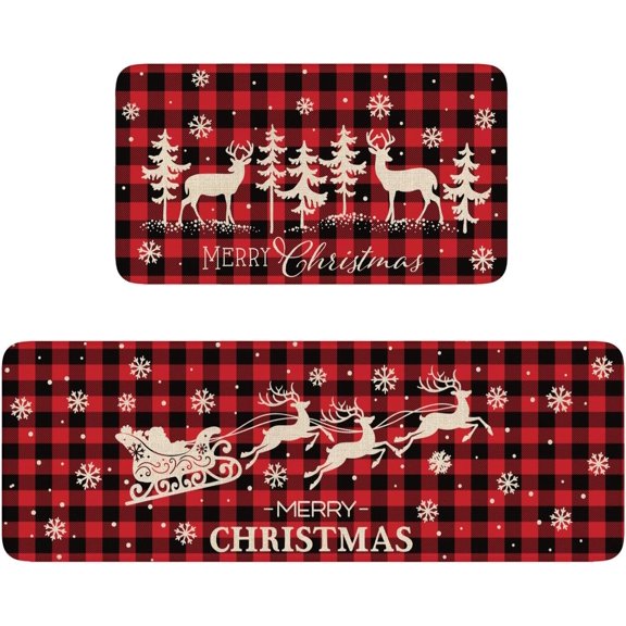 Christmas Kitchen Mats Set of 2, Linen Xmas Kitchen Rugs, Red Buffalo Plaid with Deer & Santa Sleigh Design, Non-Slip Floor Mats for Kitchen, Entryway Christmas Decor 17x30+17x47 Inch