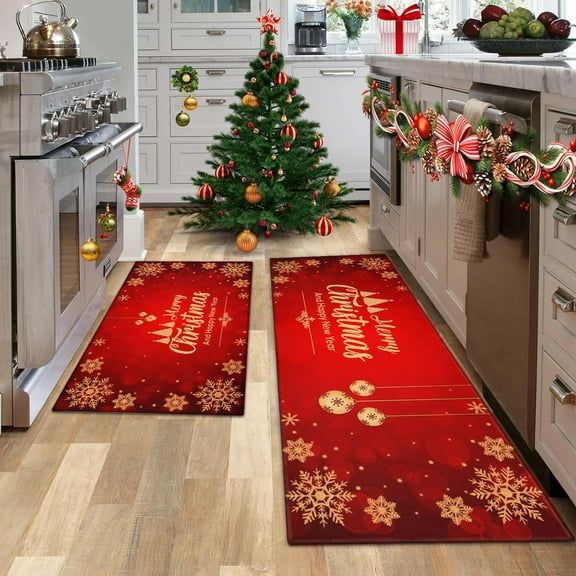Christmas Kitchen Mats Set of 2, Xmas Kitchen Rugs, Red & Gold Snowflake, Merry Christmas and Happy New Year Design, Non - Slip Floor Mats for Kitchen, Entryway, Holiday Decor 17x30 + 17x47 Inch