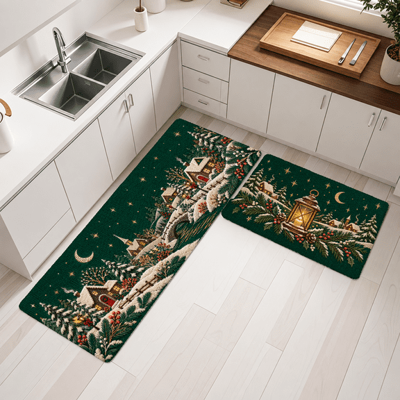 Christmas Kitchen Mats Set of 2, Dark Green Woven Fabric Rugs with Snowy Holiday Pattern, 16x24in + 18x48in for Kitchen Entryway Bedroom