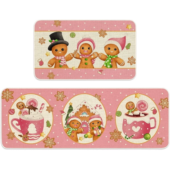 Christmas Kitchen Mats Set of 2 Pink Gingerbread Man Non-Slip Floor Mat Xmas Decorative Rugs for Bathroom Kitchen, 17 x 29 Inch & 17 x 47 Inch