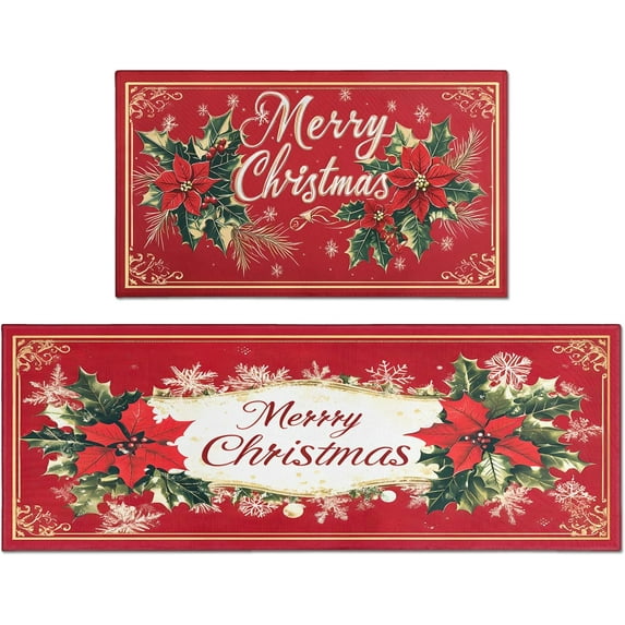 Christmas Kitchen Mats Set of 2, Red Xmas Kitchen Rugs for Floor and Door Mat Christmas Home Decorations - 17x30 and 17x47 Inch