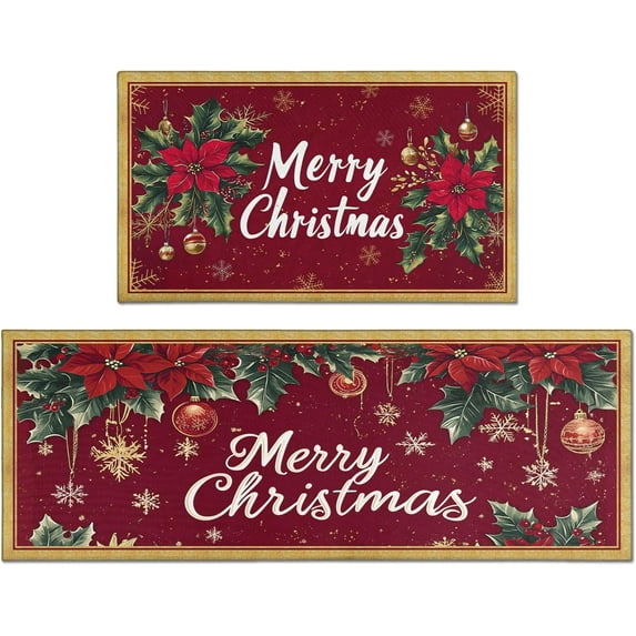 Christmas Kitchen Mats Set of 2, Red Xmas Kitchen Rugs for Floor and Door Mat Christmas Home Decorations - 17x30 and 17x47 Inch