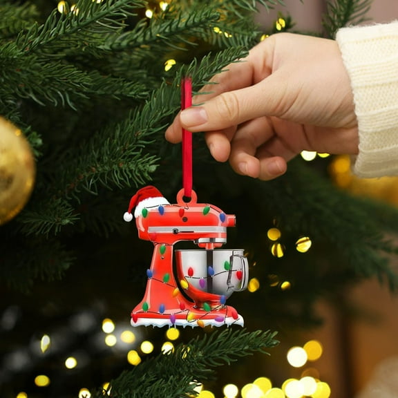 Christmas Kitchen Mixer Ornament, Cooking Machine Hanging Decoration with LED String Lights and Santa Hat, Funny Christmas Tree Pendant and Car Hanging Holiday Decor