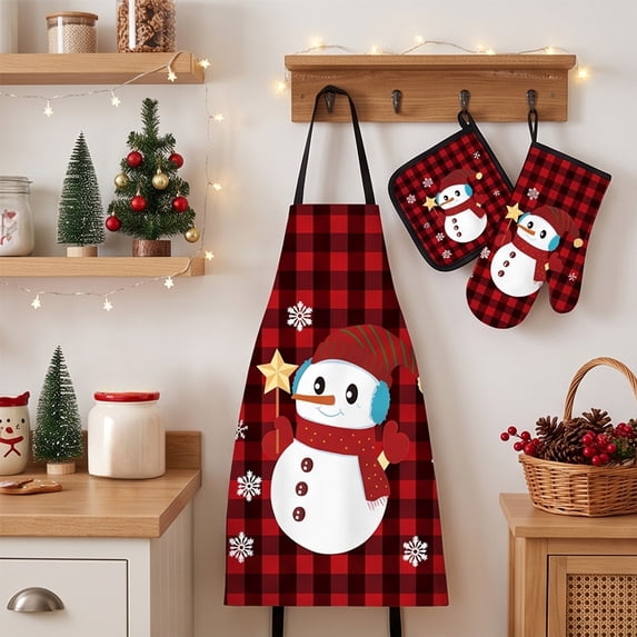 Christmas Kitchen Oven Mitts 3-Piece Set, Heat Resistant Cooking Gloves, Apron and Pot Holders, Holiday Baking Gift.