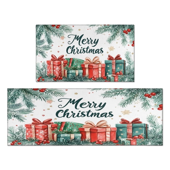 Christmas Kitchen Rug Set of 2 Absobent Kitchen Mats for Floor,Merry Christmas Happy New Year Gift Kitchen Runner for Bathroom,Room Bedroom (47x17+30x17in)