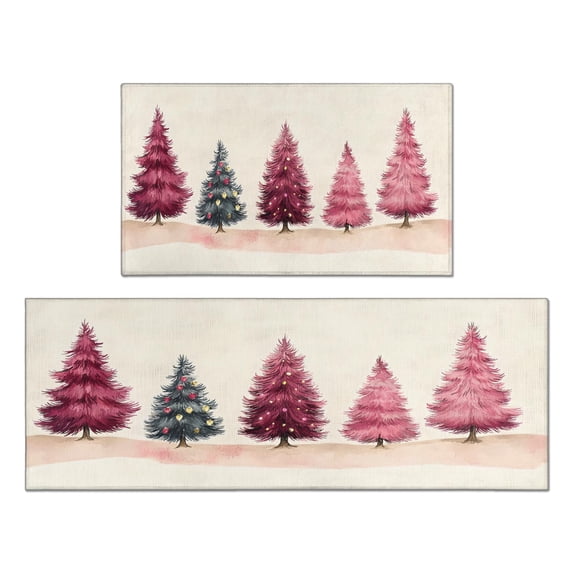 Christmas Kitchen Rug Set of 2 Absobent Kitchen Mats for Floor,Merry Christmas Pink Triangle Tree Kitchen Floor Mats for Bathroom,Room Bedroom (47x17+30x17in)