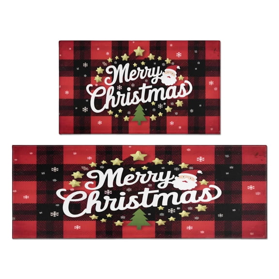 Christmas Kitchen Rug Set of 2 Absobent Kitchen Mats for Floor,Red Christmas Buffalo Plaid Grid Kitchen Floor Mats for Bathroom,Room Door (47x17+30x17in)