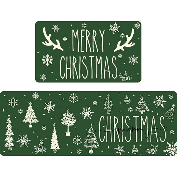 Christmas Kitchen Rug Set of 2, Merry Christmas Holiday Non Slip Kitchen Mats for Floor Winter Xmas Trees Home Decor Kitchen Floor Rugs for Hallway Laundry Room, 17"x30"+17"x47" (Green)
