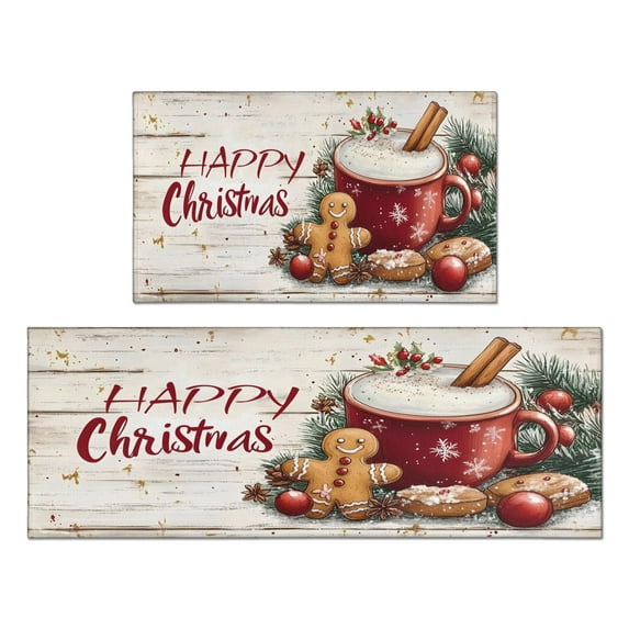 Christmas Kitchen Rug Set of 2 Non Skid Kitchen Mats for Floor,Happy Christmas Gingerbread Man Pine Branches Kitchen Floor Mat for Bathroom,Room Door (47x17+30x17in)