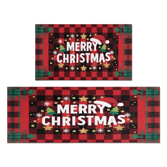 Christmas Kitchen Rug Set of 2 Non Skid Kitchen Mats for Floor,Happy Christmas Red Buffalo Plaid Lattice Kitchen Runner for Bathroom,Room Door (47x17+30x17in)