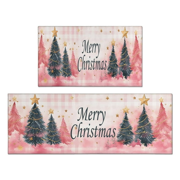 Christmas Kitchen Rug Set of 2 Non Skid Kitchen Mats for Floor,Merry Christmas Pink Triangle Tree Kitchen Runner for Bathroom,Room Outdoor (47x17+30x17in)