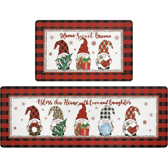 Christmas Kitchen Rug Set of 2 Non Slip Buffalo Plaid Gnomes Kitchen Floor Mat Cushioned Anti Fatigue Kitchen Rugs Floor Carpet Set for Winter Xmas Holiday Kitchen Decor
